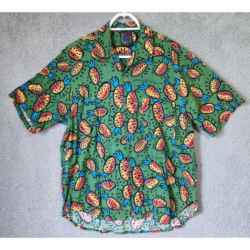 VTG BIG HED designs Size Small Green Pineapple Button Up Hawaiian Shirt USA Made